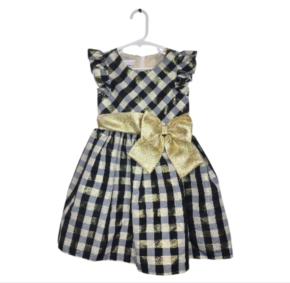 Bonnie Jean Ruffled Short Sleeve Taffeta Plaid Gold Bow Holiday Dress Sz 5T